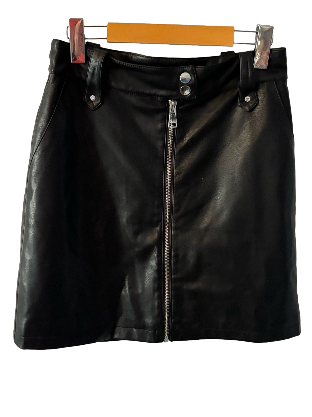 7 For All Mankind Black Faux Leather Zip-Front Mini Skirt Size Small Vegan